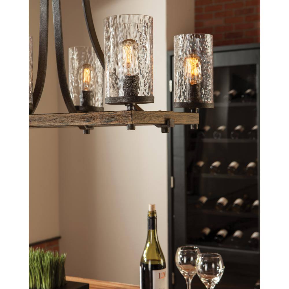 Rustic 8-Light Linear Chandelier in Distressed Weathered Oak and Slate Grey Metal