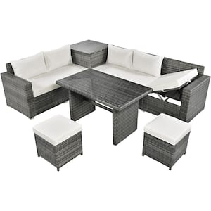 6-Piece All Weather Gray Wicker Patio Conversation Set with Beige Cushions, Storage Box and Tempered Glass Top Table
