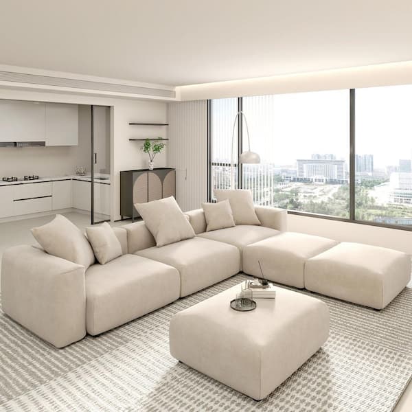 Magic Home 118 in. Armlessm Oversized Rearrangeable 4-Piece L-shaped Corduroy Grand Sectional Sofa Couch with Ottoman in Beige