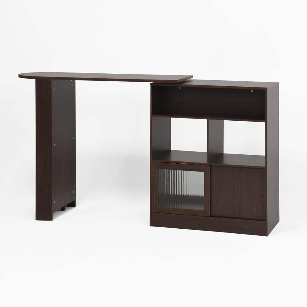 Modern Bar Cabinet with Rotating top, Counter Height Dining Cabinet with 2 Ribbed Glass Door for Kitchen