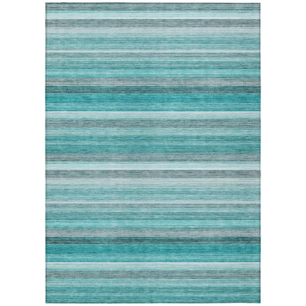 Teal 8 ft. x 10 ft. Woven Striped Polyester Rectangle Indoor/Outdoor Area Rug