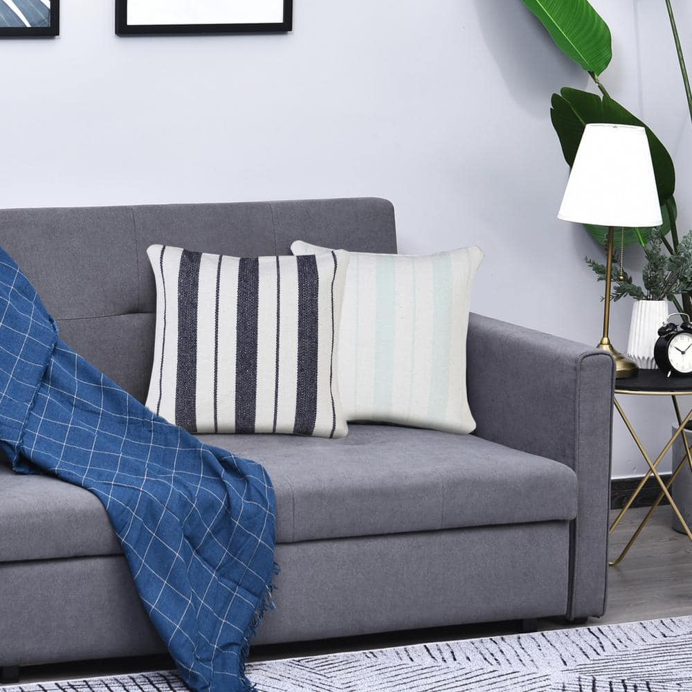 Bright Blue and White Cotton Striped 20'' Square Throw Pillow