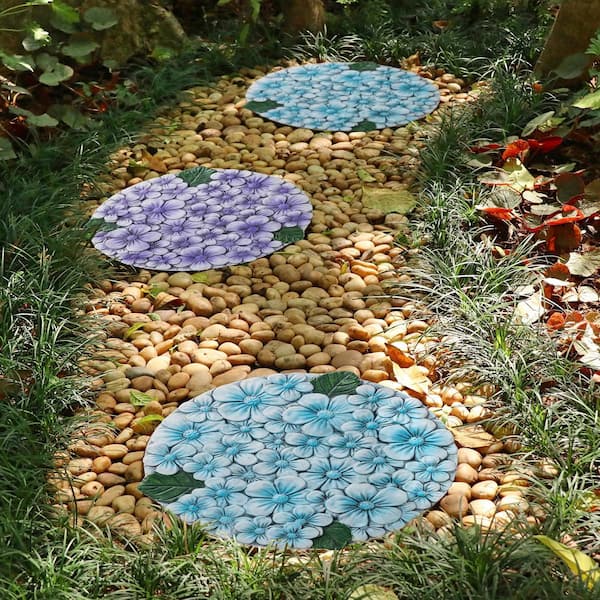 10 in. D Set of 2 Cement Blue and Purple Hydrangea Textured Stepping Stones