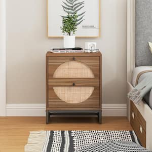 2-Drawer Brown Nightstand Rattan Wood, Bedroom Bedside Table Farmhouse Style, 20.87 in. H x 15.75 in. W x 15.75 in. D