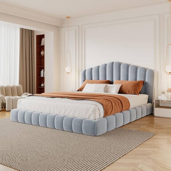 Honey Light Blue Wood Frame Upholstered Queen Size Floor Platform Bed with Shell-Shaped Headboard