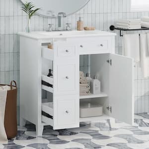 30 in. W Freestanding Bathroom Vanity in White with White Ceramic Basin, Double-Layer Drawer and Adjustable Shelf