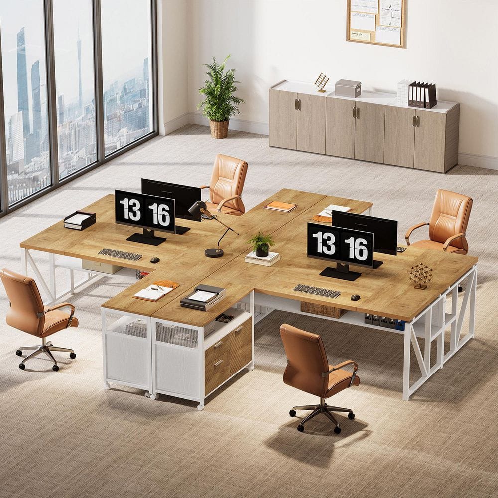63 in. L-Shaped Rustic and White Executive Desk with File Cabinet and Drawers, Reversible Office Desk with Shelves
