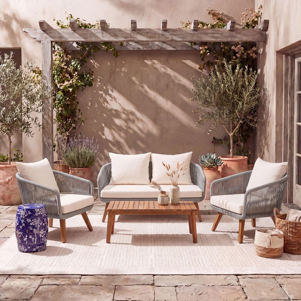 Prester Gray 4-Piece Wood Patio Conversation Set with Beige Cushions