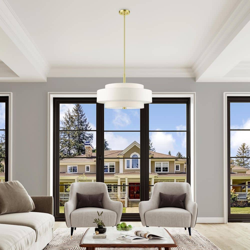 Meridian Satin Brass 5-Light Drum Shade Pendant Chandelier