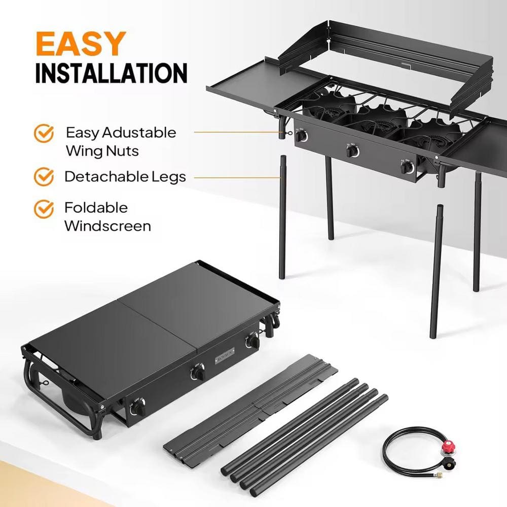 Portable Black 3-Burner Propane Gas Grill with Folding Shelves