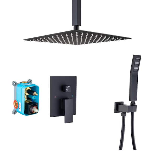 RAINLEX Ceiling Mounted 12 in. Shower Head 2-Handle 1-Spray Square High Pressure Shower Faucet in Black Color (Valve Included)