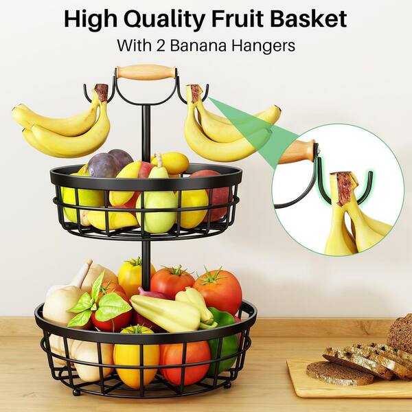 Esepony 2-Tier Fruit Basket Bowl Vegetable Storage with 2 Banana