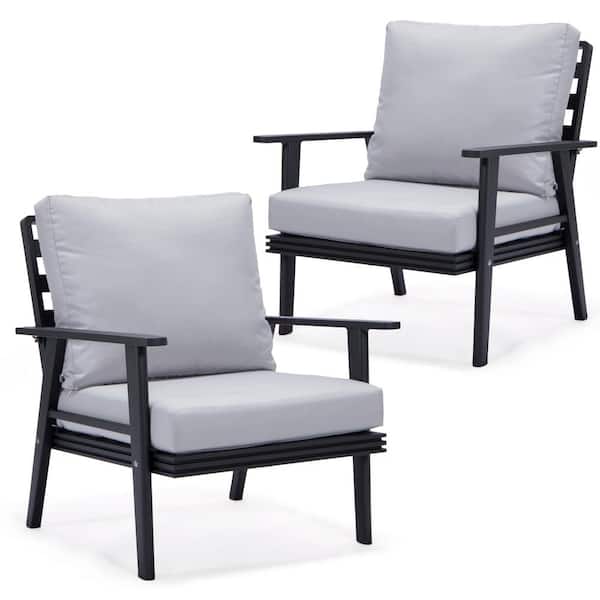 Leisuremod Walbrooke Modern Black Aluminum Outdoor Arm Chair w/ Powder Coated Frame & Removable Cushions in. Light Grey (Set of 2)