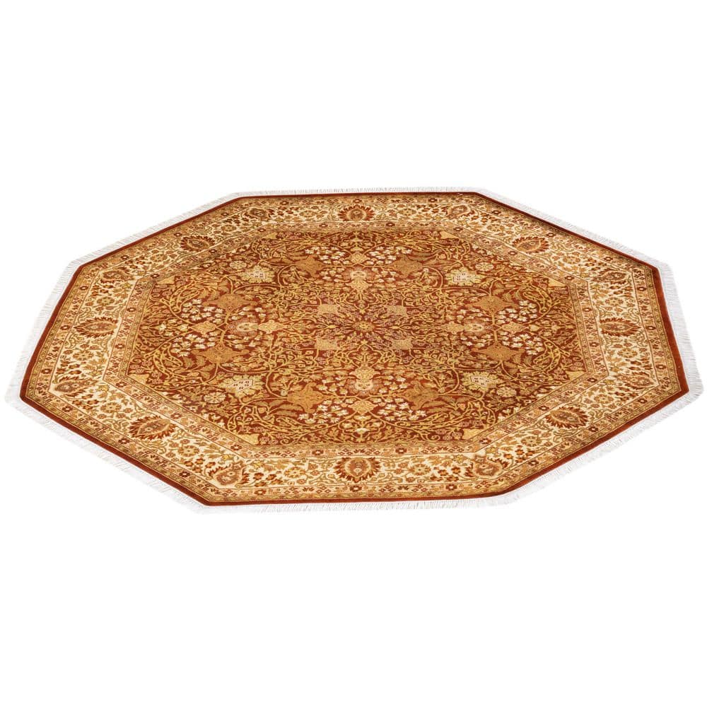Hand-Knotted Round Oriental Wool Rug in Orange and Beige