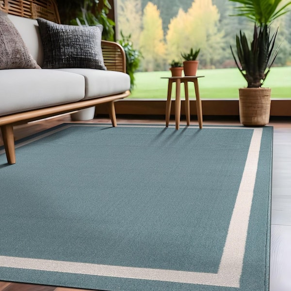Aura Teal 8 ft. x 10 ft. Rubber Back Washable Modern Bordered Indoor Outdoor Area Rug