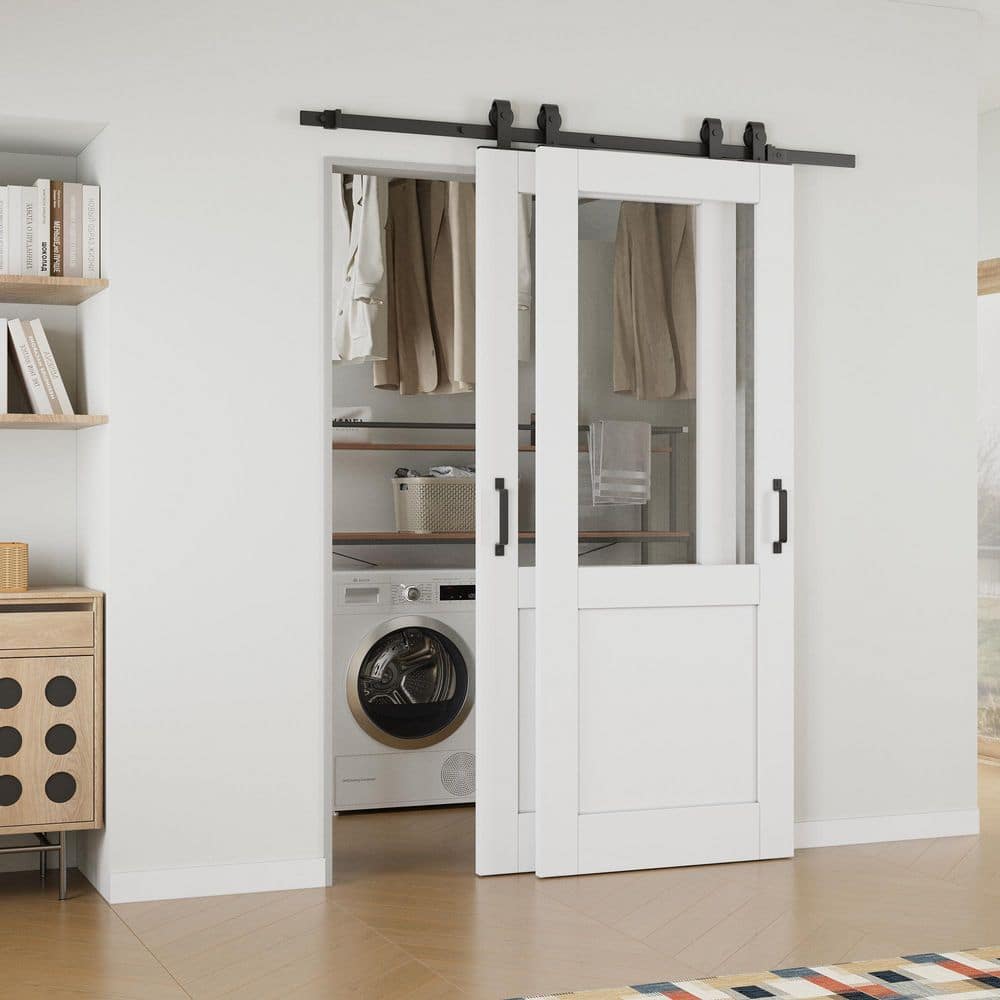 56 in. x 80 in. (Double 32 in. ) 1/2 Lite Clear Glass White Primed MDF Sliding Barn Door with Hardware Kit Bypass price history on PriceWatchPro