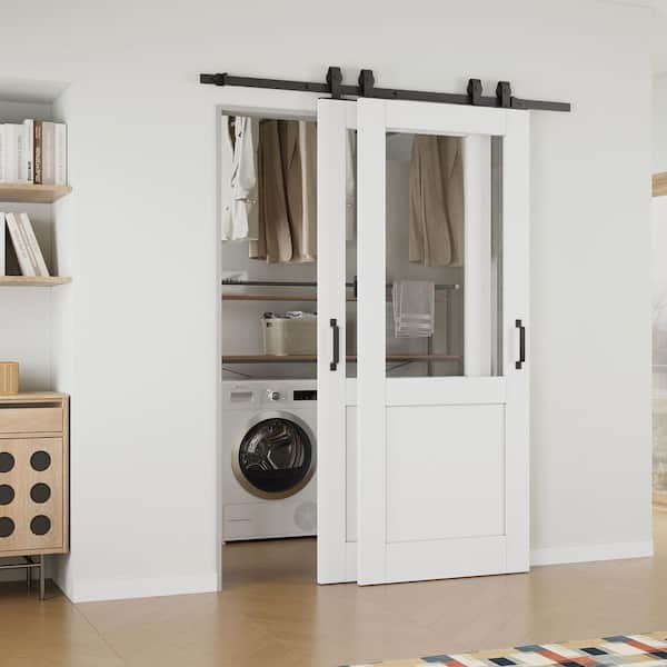 ARK DESIGN 56 in. x 80 in. (Double 32 in. ) 1/2 Lite Clear Glass White Primed MDF Sliding Barn Door with Hardware Kit Bypass