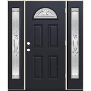 60 in. x 80 in. Left-Hand Fan Lite Decorative Glass Blakely Black Fiberglass Prehung Front Door W/Sidelites