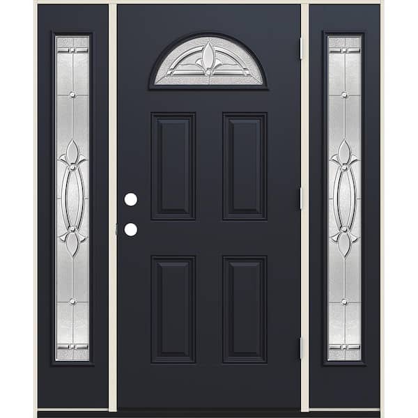 60 in. x 80 in. Left-Hand Fan Lite Decorative Glass Blakely Black Fiberglass Prehung Front Door W/Sidelites