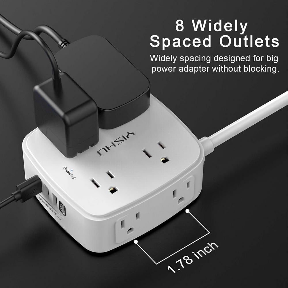 15 Ft White ABS 8-Outlet Power Strip with USB Ports