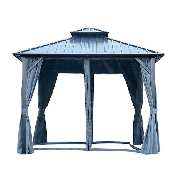 Boosicavelly 10 ft. x 10 ft. Gray Aluminum Outdoor Hardtop Patio Gazebo with Steel Canopy, Netting and Curtains