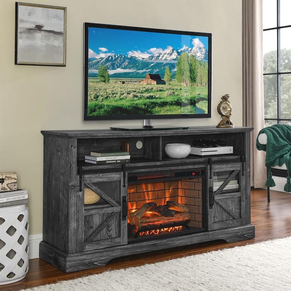 60 in. Freestanding TV Stand with Electric Fireplace KD Inserts Heater, Door Sensor, Fits TVs up to 70 in, Dark Oak