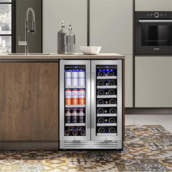 24 in.Dual Zone 18-Wine Bottles and 88-Can Built-In and Freestanding with  French Door Beverage Cooler in Stainless Steel