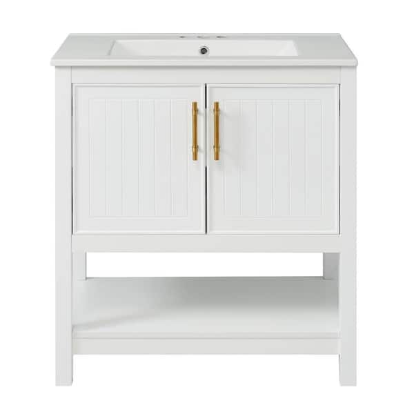EPOWP 30 in. W x 18.3 in. D x 33.8 in. H Single Sink Freestanding Bath Vanity in White with White Ceramic Top and Storage