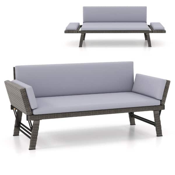 1-Piece Wicker Outdoor Day Bed High-quality PE Rattan with Adjustable Armrests and Removable Gray Cushions