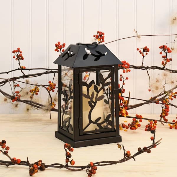 9 LED Battery Operated Black Lantern with Flameless Candle 