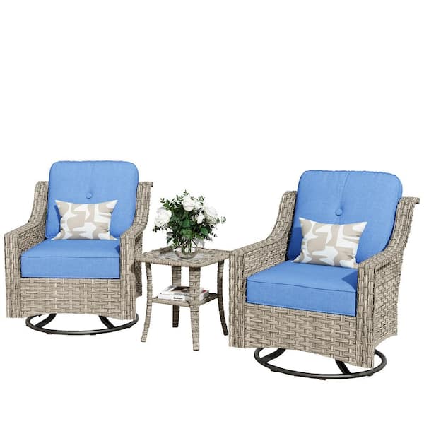 Eureka Grey 3-Piece Wicker Outdoor Patio Conversation Swivel Rocking Chair Seating Set with Blue Cushions