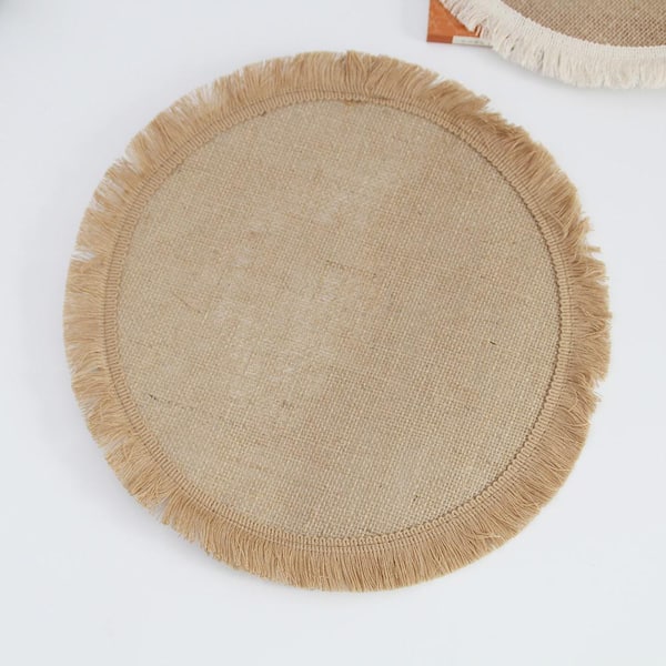 Wellco 15 in.x 15 in. Round Burlap Placemat with Tassel Edge For Dining Room Table Decor (Set of 4)