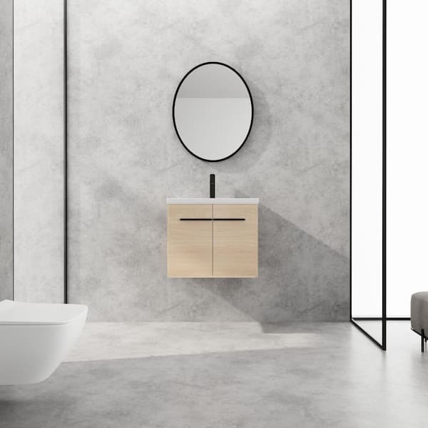 Elegant 23.62 in. W x 18.11 in. D x 20.47 in. H Single Sink Original oak Floating Bath Vanity with White Resin Top