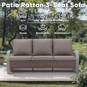 Modern Farmhouse 3-Seat Brown PE Wicker Outdoor Couch with Gray Cushions and Curved Metal Armrest