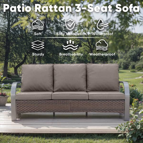 SteelCurve Modern Farmhouse 3-Seat Brown PE Wicker Outdoor Couch with Gray Cushions and Curved Metal Armrest