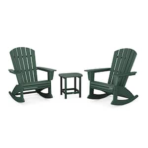 Nautical Curveback Adirondack Rocking Chair Green 3-Piece HDPE Plastic Patio Conversation Set