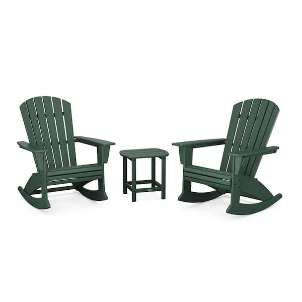 POLYWOOD Nautical Curveback Adirondack Rocking Chair Green 3-Piece HDPE Plastic Patio Conversation Set