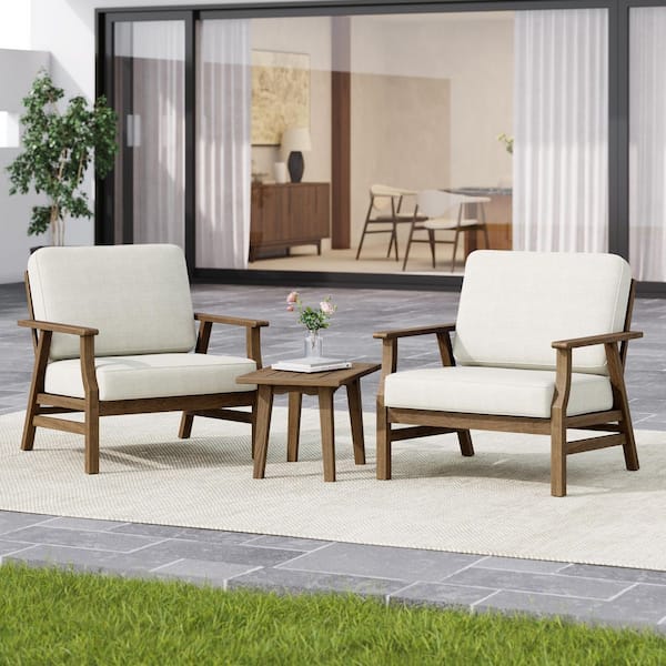 Brown Acacia Wood Outdoor Patio Lounge Chairs with Oxford Beige Cushions (Set of 2)