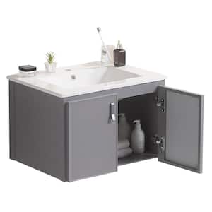 24 in. W x 18.2 in. D x 15.5 in. H Metal Bathroom Storage Wall Cabinet in Gray with Ceramic Sink Top