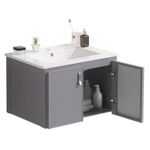 Unbranded 24 in. W x 18.2 in. D x 15.5 in. H Metal Bathroom Storage Wall Cabinet in Gray with Ceramic Sink Top