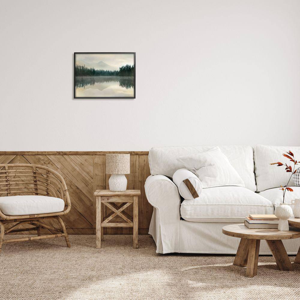 Foggy Lake Forest Landscape Black Framed Canvas Print