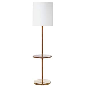 Janell 65 in. Brown Wood Floor Lamp with Attached End Table and White Shade