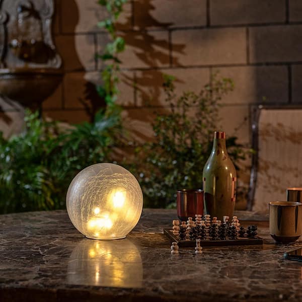 7 in. Dia Indoor/Outdoor White Glass Gazing Globe Yard Decoration with LED Lights, White