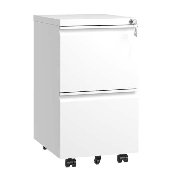 17.32 in. W 2 Drawer Metal Mobile File Tool Cabinet with Lock, White Filing Cabinets, Tool Carts