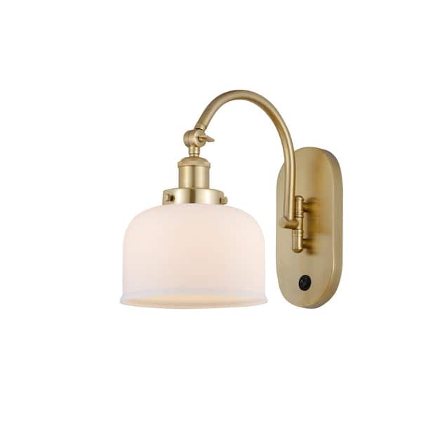 Bell 1-Light Satin Gold, Matte White Wall Sconce with White Glass Shade