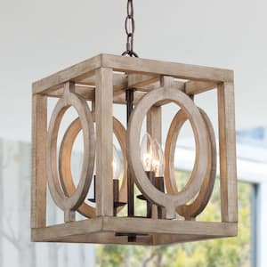 Rustic Farmhouse Lantern Wood Pendant, 4-Light Rusty Bronze Square Candlestick Chandelier for Kitchen Island, Entryway