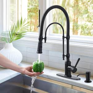 Single Handle Convenient Pull Down Sprayer Kitchen Faucet in Black with Soap Dispenser