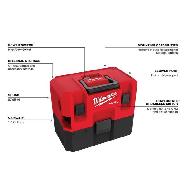 Milwaukee M12 Fuel 12-Volt 1.6 gal. Lithium-Ion Cordless Wet/Dry Shop Vacuum Kit with 6.0 Ah Battery, Charger, \u0026 M12 Spot Blower, Reds / Pinks