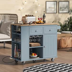Blue Rubber Wood 40 in. Kitchen Island with Drop Leaf, Open Storage and Wine Rack, 5-Wheels, Adjustable Storage
