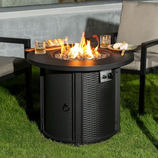30 in. Round Metal Propane Gas Black Fire Pit Table with Lid and Lava Rocks, Rattan Embossed Pattern Side Panel